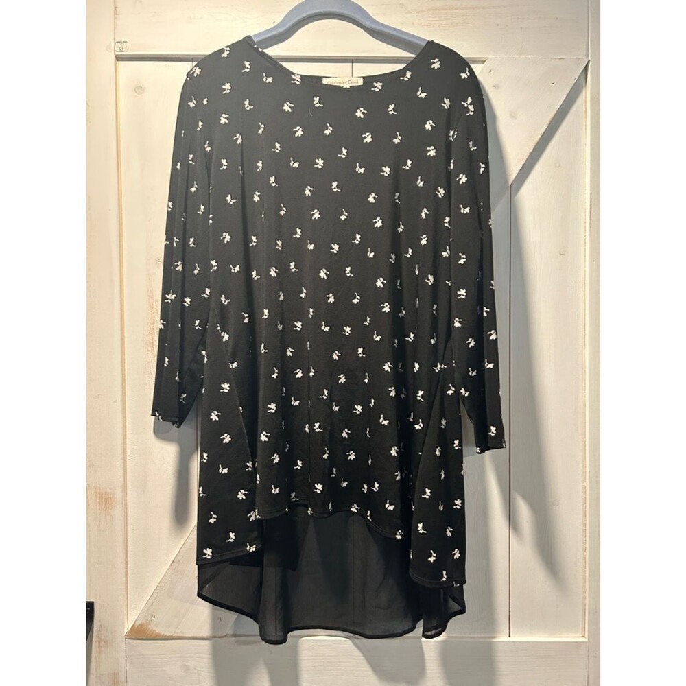 Coldwater Creek Black Floral High-Low Tunic with Back Cut Out and Sheer Fabric M